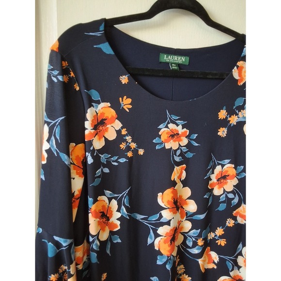 Lauren Ralph Lauren Womens Plus 18W Dress Navy Floral Stretchy Bell Sleeve - Picture 1 of 8